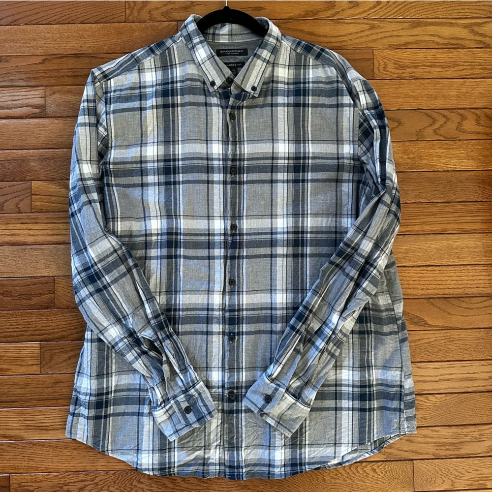 🩶 BANANA REPUBLIC men’s Plaid Button-Up Shirt Gray & Navy plaid XL flannel shirt